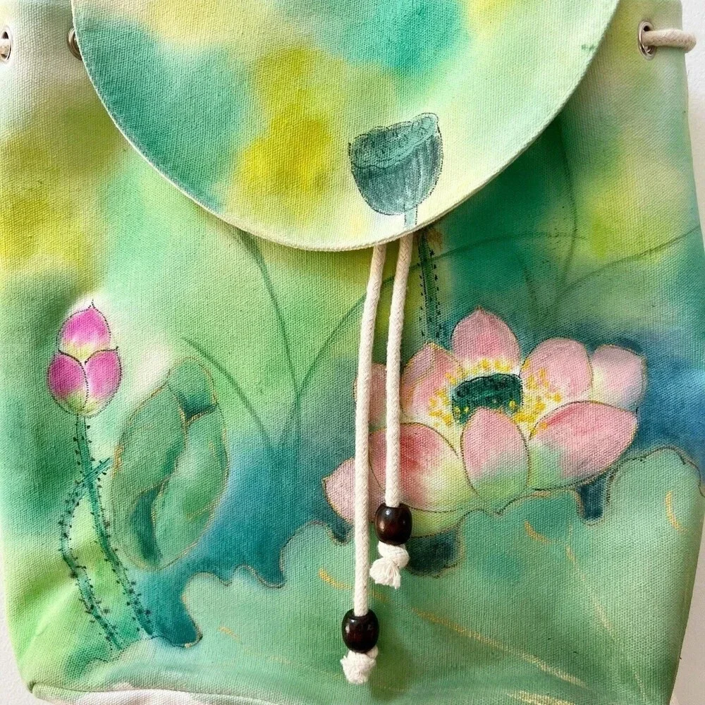 Hand Painted Canvas Backpack Floral Tulip Lily Green